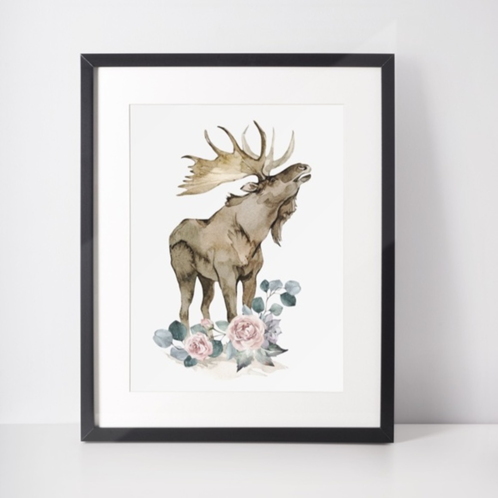 Watercolor Floral Moose Elk Deer Portrait Wall Art Illustration Print Unframed - Picture 7 of 17